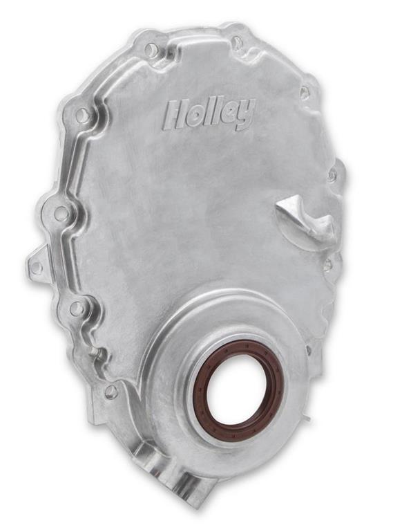 Holley 21-151 Timing Chain Cover Timing Indicator Molded Into Cover Over-Molded Viton Seal w/o Crank Sensor Provision Black Painted Finish w/Holley Logo Timing Chain Cover 