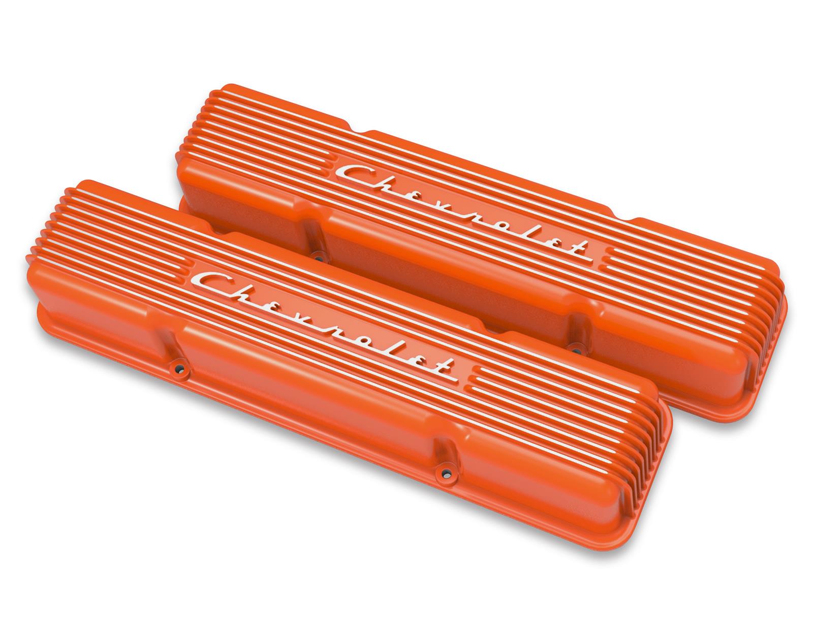 Holley Vintage Series Valve Covers 241-109 Covers, Series. Perimeter Bolt, Tall, Finned, Cast Aluminum, Orange Powdercoat, Chevy, 4.3-6.6L, Pair