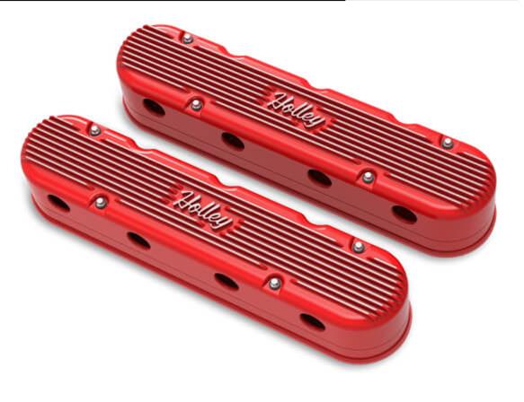 Holley Vintage Series Valve Covers 241-174 Covers, Series, Center and Perimeter Bolt, Tall, Finned, Logo, Cast Aluminum, Red, Glossy, Two-Piece, Chevy, LS, 4.8-7.0L, Pair thumbnail 3