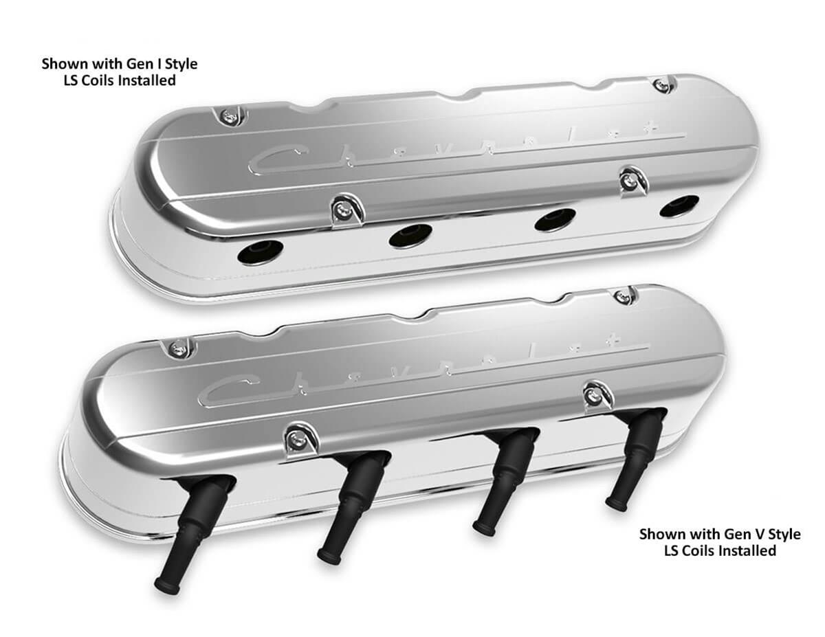 Holley Aluminum LS Valve Covers 241-176 Covers, LS, Center and Perimeter Bolt, Tall, Chevy Logo, Cast Aluminum, Polished, Two-Piece, Chevy, LS, 4.8-7.0L, Pair thumbnail 3