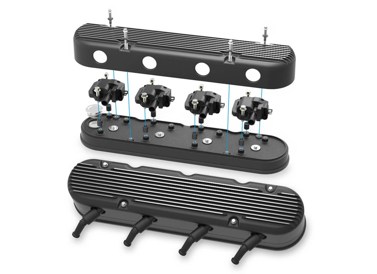 Holley Aluminum LS Valve Covers 241-182 Covers, LS, Center and Perimeter Bolt, Tall, Finned, Cast Aluminum, Black Satin, Two-Piece, Chevy, LS, 4.8-7.0L, Pair
