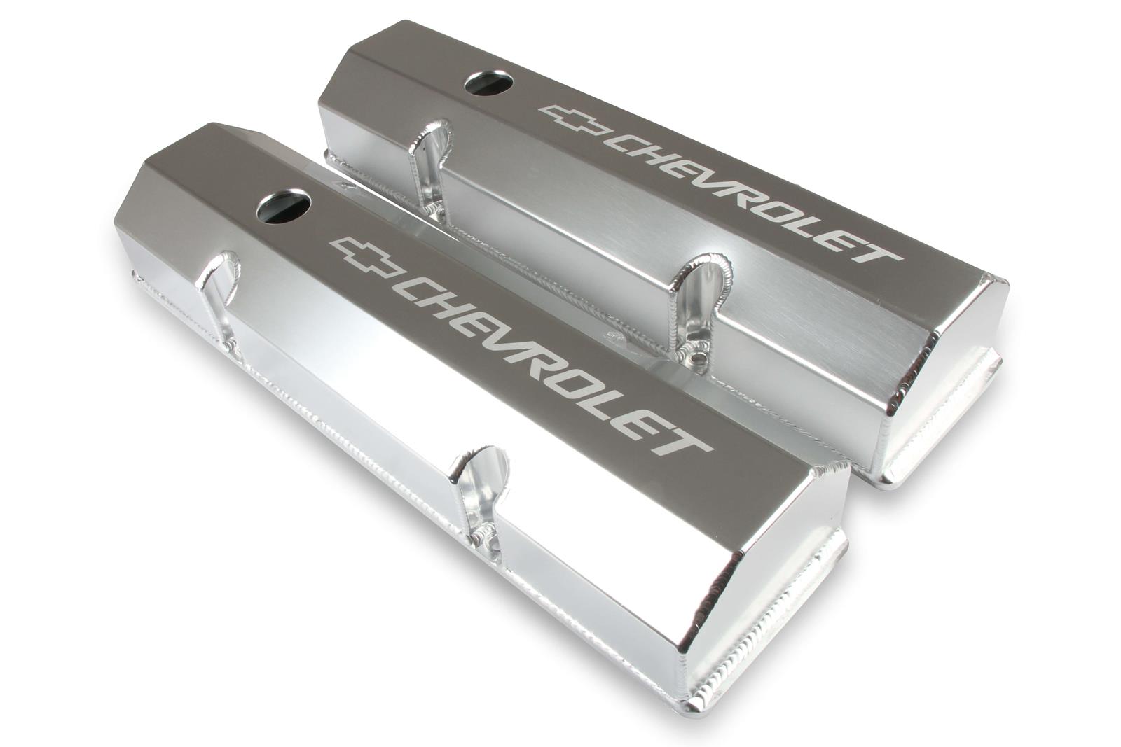 Holley Track Series Valve Covers 241-287 Covers, Series, Perimeter Bolt, Tall, Chevrolet Logo, Fabricated Aluminum, Polished, Baffled, Chevy, Gen I, 283-400ci, Pair thumbnail 2