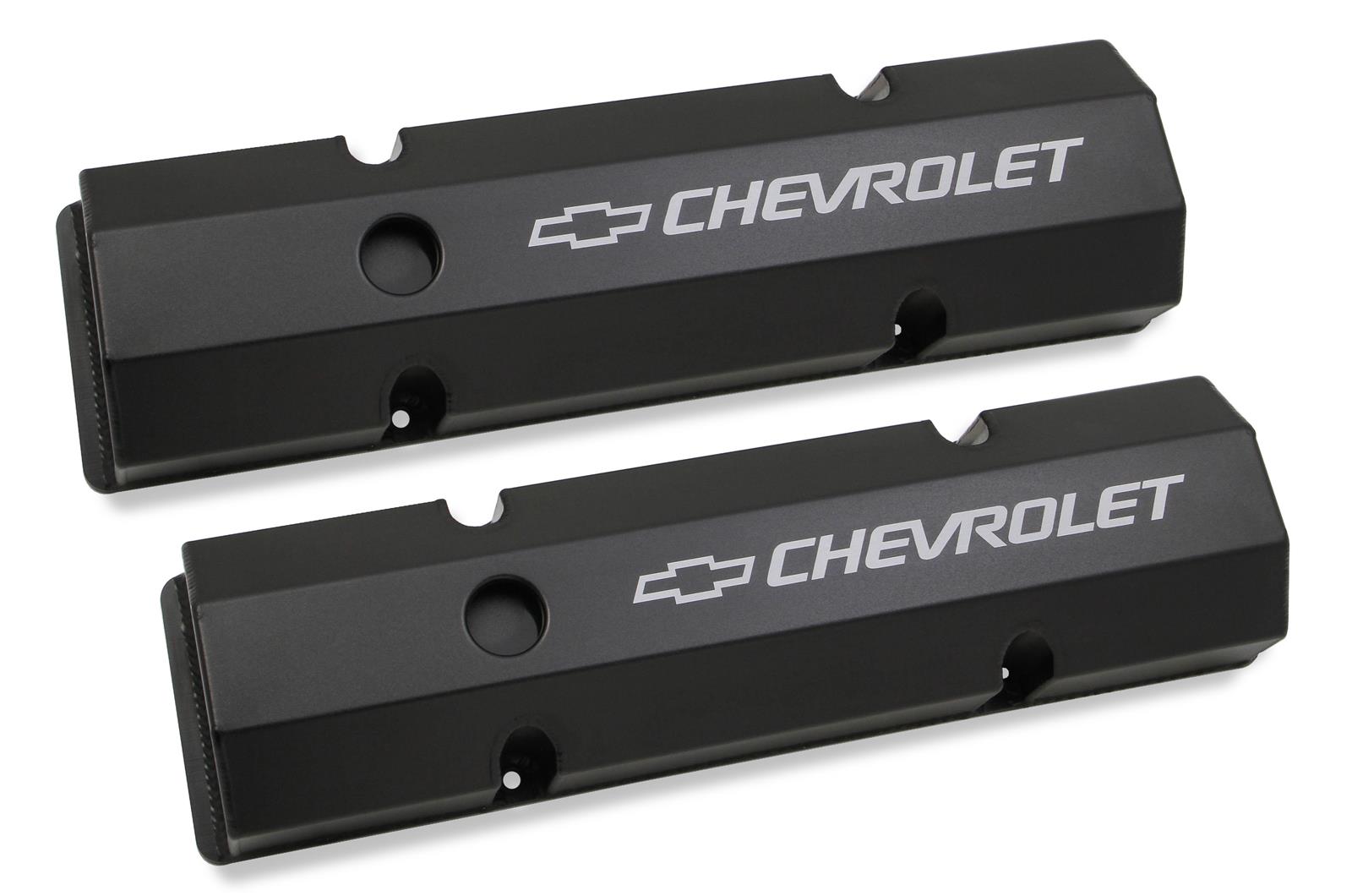 Holley Track Series Valve Covers 241-288 Covers, Series, Perimeter Bolt, Chevrolet Logo, Fabricated Aluminum, Black Gloss, Baffled, Chevy, Gen I, 283-400ci, Pair