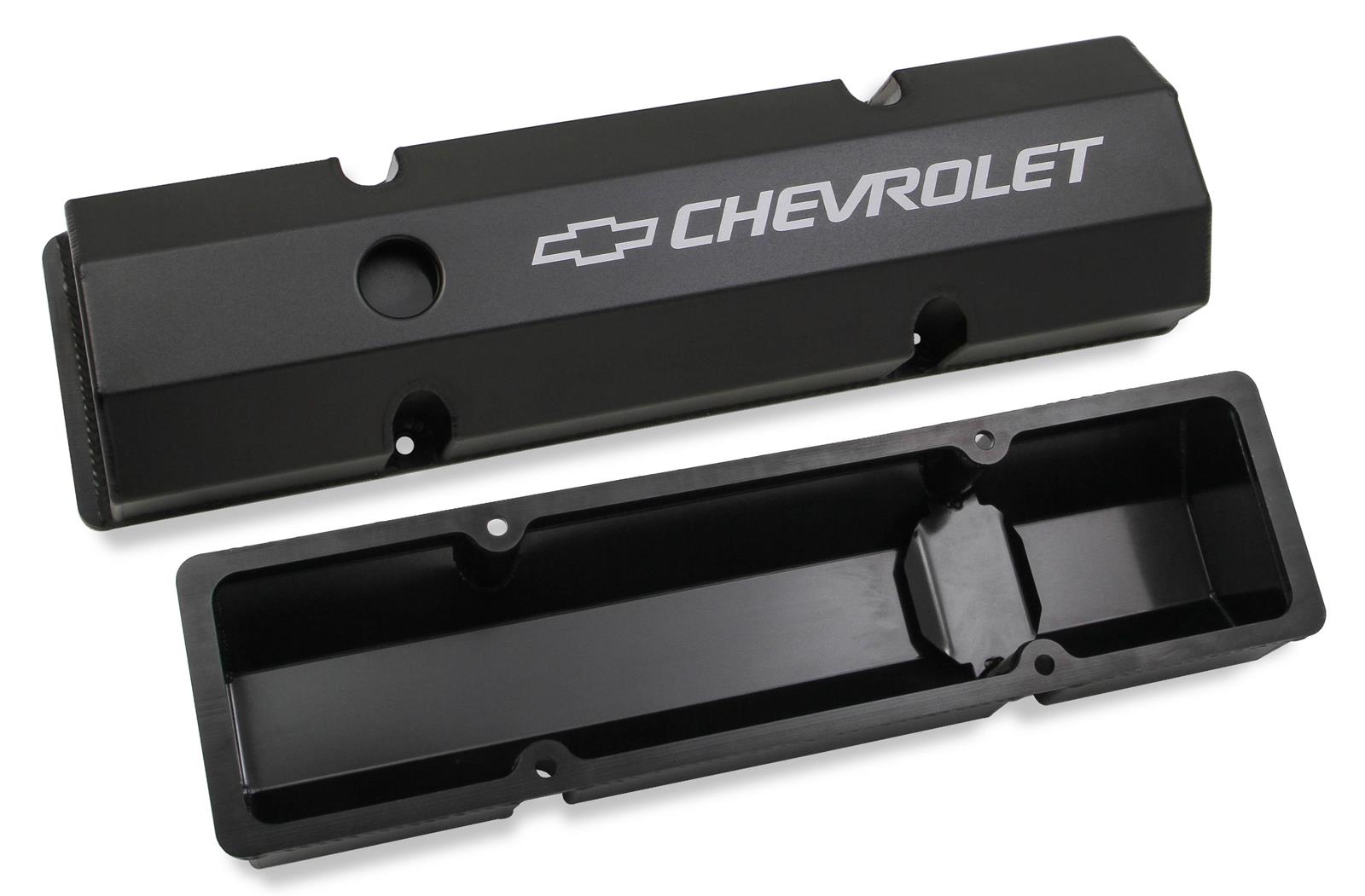 Holley Track Series Valve Covers 241-288 Covers, Series, Perimeter Bolt, Chevrolet Logo, Fabricated Aluminum, Black Gloss, Baffled, Chevy, Gen I, 283-400ci, Pair thumbnail 2