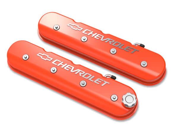 Holley Aluminum LS Valve Covers 241-403 Covers, LS, Centerbolt, Tall, Chevrolet Logo, Cast Aluminum, Orange Gloss, Baffled, Chevy, LS, 5.7L, 6.0L, 6.2L, 7.0L, Pair