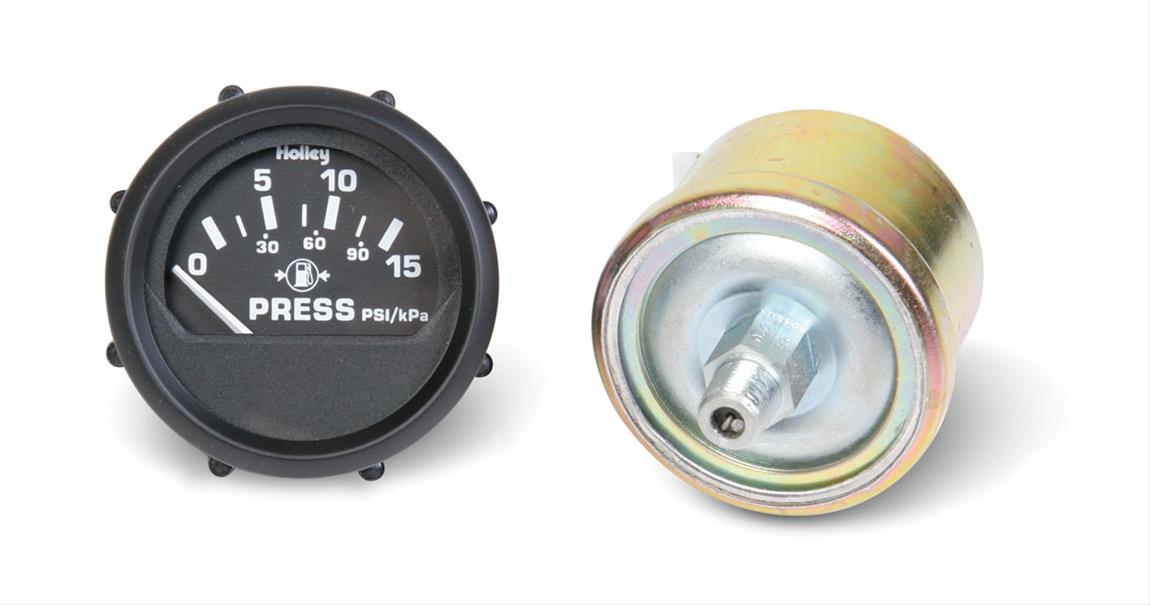 Holley Analog Fuel Pressure Gauges 26-503 Gauge, Pressure, 0-15 psi, 2 1/16 in. Diameter, Analog, 90-degree Sweep, with Electrical Sending Unit, Black Face, Each
