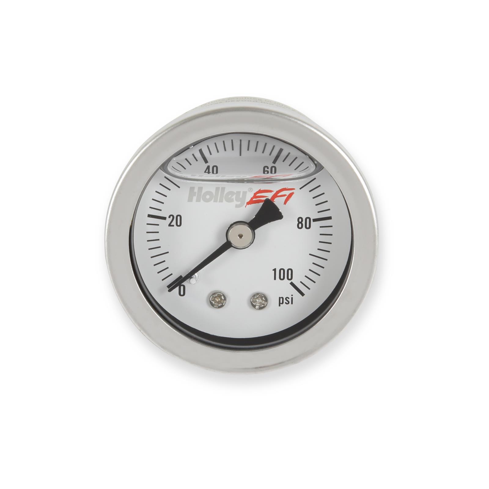 Holley Analog Fuel Pressure Gauges 26-507 Gauges, EFI Pressure, Analog, Oil Filled, 1.50 in. Diameter, 0-100 psi, Round, Silver Bezel, White Face, Black numbers. 1/8 in. NPT, thumbnail 4