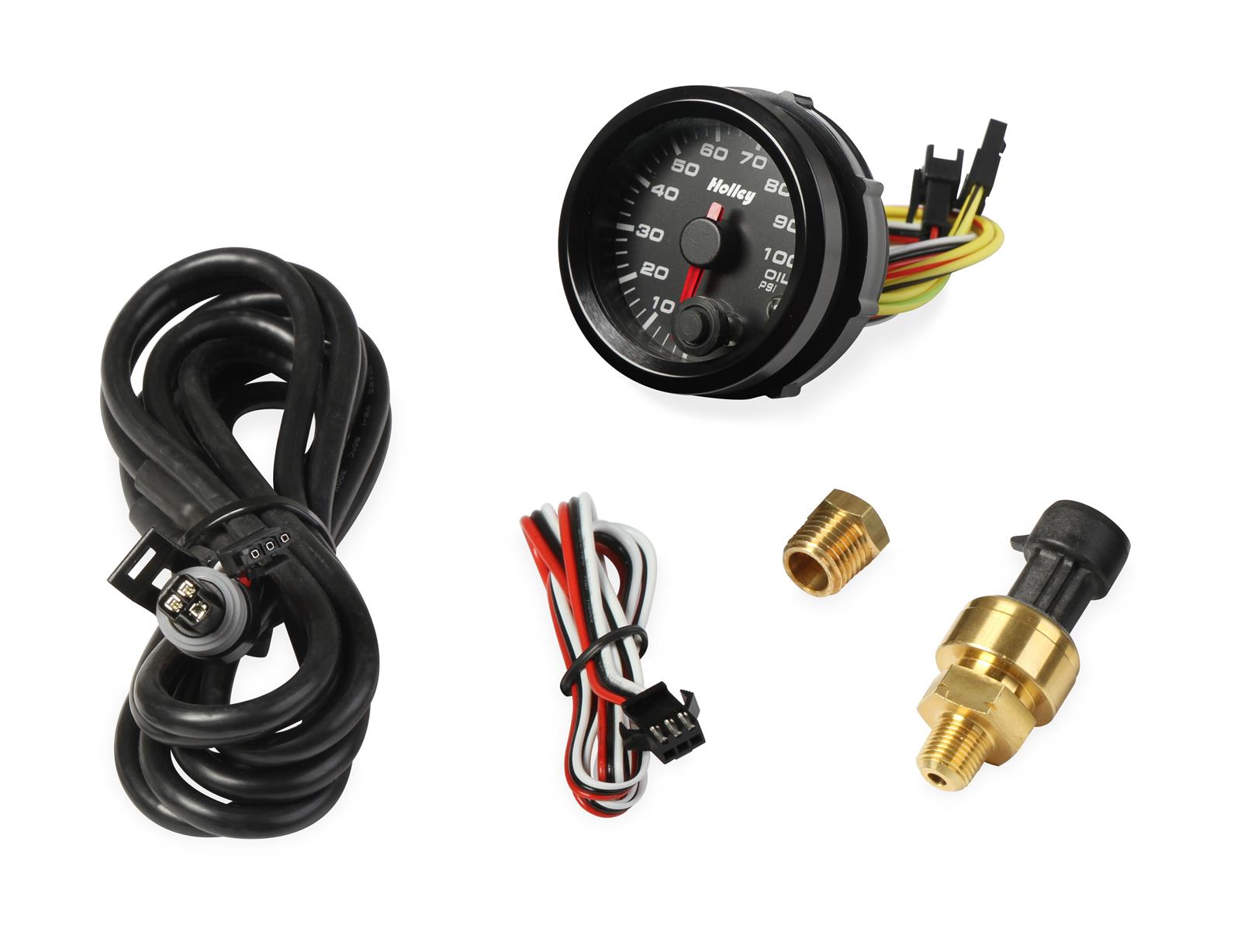Holley Analog Standalone Gauges 26-601 Gauge, Standalone, Oil Pressure, 0-100 psi, 2 1/16 in. Diameter, Analog, Full Sweep, Illuminated, with Electrical Sending Unit, Black Face, Kit thumbnail 6