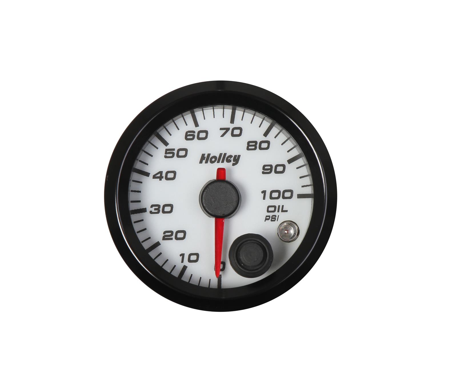 Holley Analog Standalone Gauges 26-601W Gauge, Standalone, Oil Pressure, 0-100 psi, 2 1/16 in. Diameter, Analog, Full Sweep, Illuminated, with Electrical Sending Unit, White Face, Kit