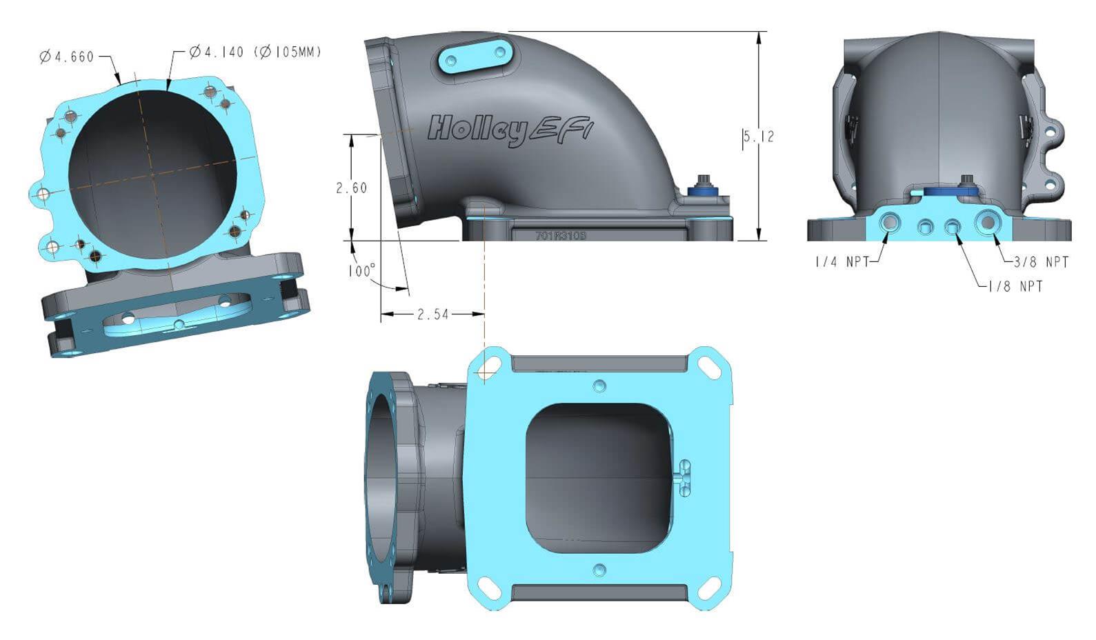 Holley Throttle Body Intake Elbows 300-240 Elbow, 105mm Bore Size, Aluminum, Natural, 5.12 in. Height, Each thumbnail 6