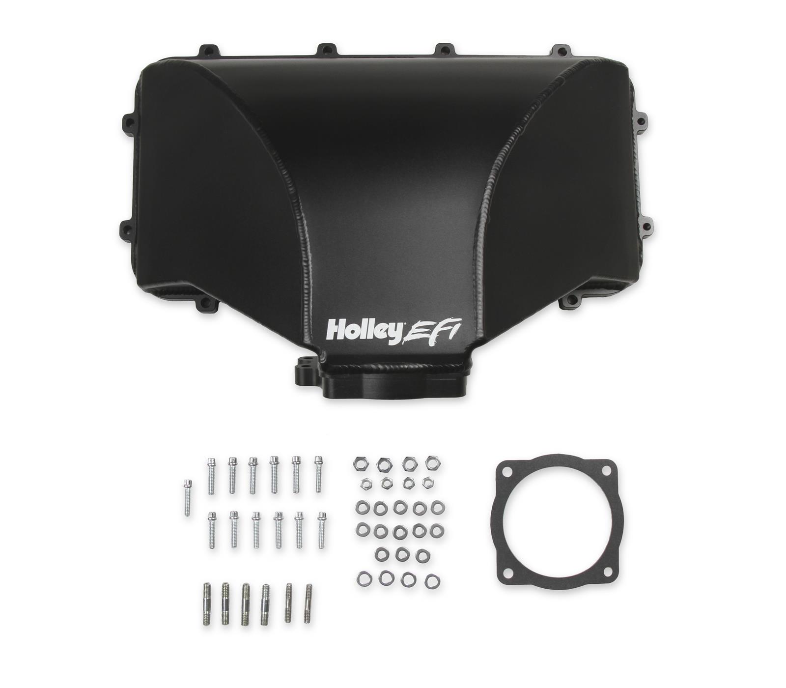 Holley EFI Ford Fabricated Hi-Ram Intake Manifold Tops 300-281 Manifolds, Fabricated, Hi-Ram, Throttle Body, Top Only, 95mm Bore, Aluminum, Black Finish, Ford, 5.0L, Windsor, Kit