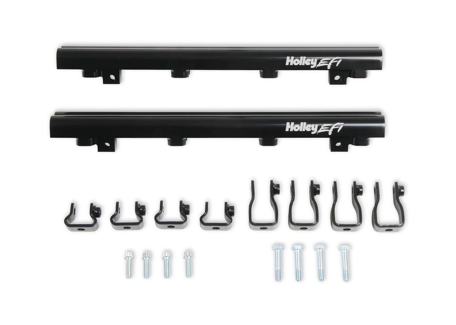 Holley EFI Fuel Rails 534-261 Rails, Replacements, Lo-Ram Manifold, Dual Injector, Aluminum, Black Anodized, 3/4 in.-16 Inlet, Brackets, Hardware Included. Kit