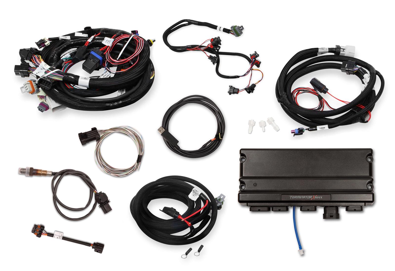 Holley Terminator X MAX Engine Management Systems 550-916T Systems, MAX, 8-EV1 Injectors, 8-Coils, Trans Control, Sensors, USB Tune Cable, Chevy, LS, 5.7L, 1x Cam, 24x Crank, Kit