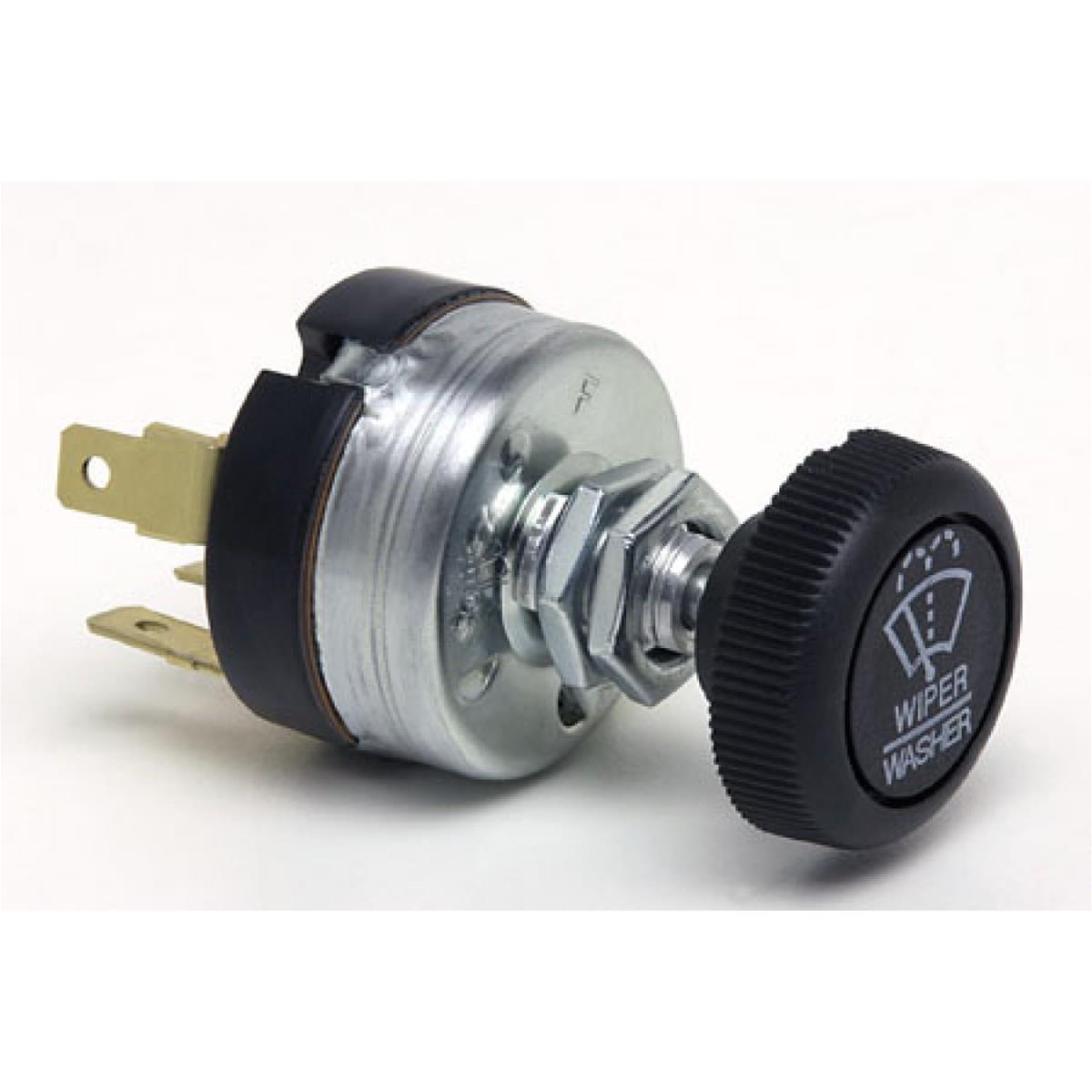 Holley Wiper Switches 553-343 Switches, Windshield Wiper, Rotary Style, 6 amp, 1 3/8 in. Diameter, Steel Case, Plastic, Black Knob, Two Speed, Push-to-Wash, fit Bezel 553-342, Each