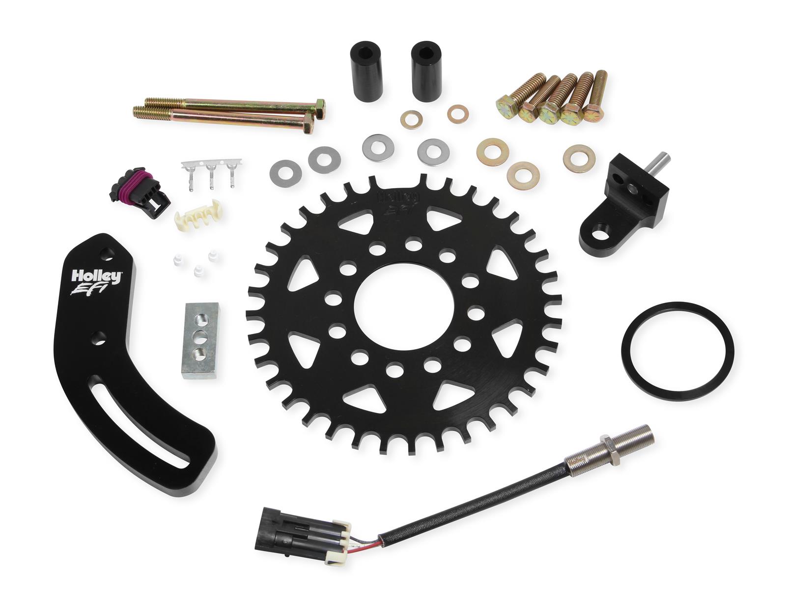 Holley EFI Crank Trigger Kits 556-115 Triggers, EFI, Billet Steel, 7.25 in. Diameter, 1/4 in. Thick, 36-1 Tooth, Black, with Bracket, 3-wire Pickup, Ford, 4.7-5.8L, Kit