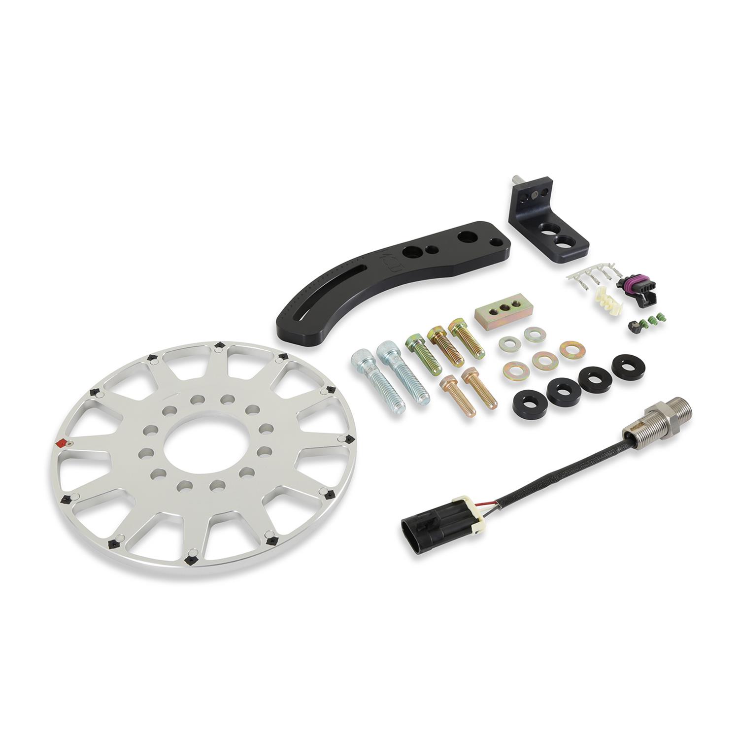 Holley EFI Crank Trigger Kits 556-170 Triggers, EFI, 8 in. Diameter, Aluminum, Silver, Adjustable Bracket, Black, 3-wire Pickup, M12 x 1.0mm Thread, Chevy, 6.5-7.4L, Kit thumbnail 2