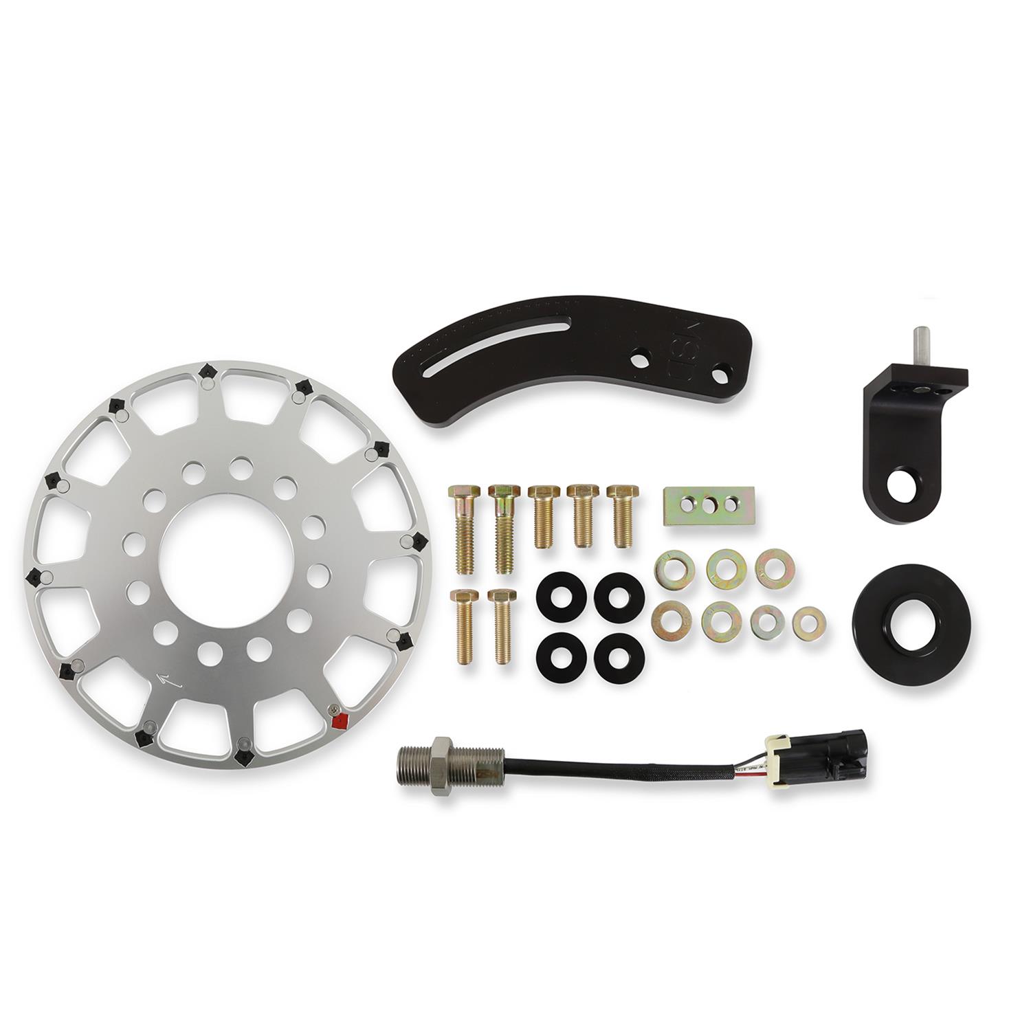 Holley EFI Crank Trigger Kits 556-171 Triggers, EFI, 7 in. Diameter, Aluminum, Silver, Adjustable Bracket, Black, 3-wire Pickup, 12-1X, Hall Effect, Chevy, Small Block, Kit thumbnail 2