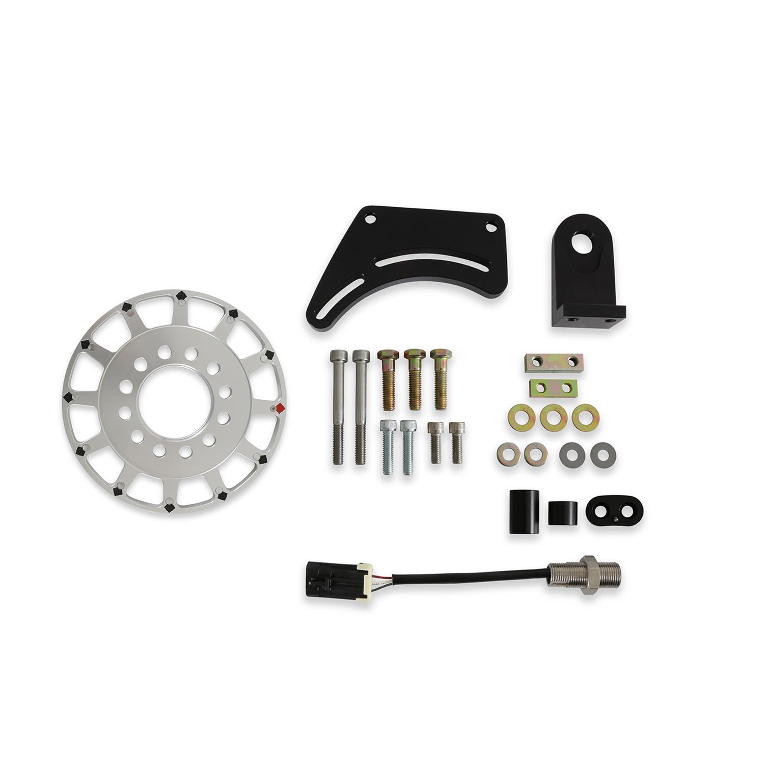 Holley EFI Crank Trigger Kits 556-173 Triggers, EFI, 7 in. Diameter, Aluminum, Silver, Adjustable Bracket, Black, 3-wire Pickup, 12-1X, Hall Effect, Ford, Coyote Block, Kit thumbnail 3