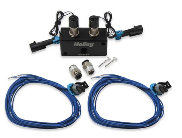 Holley Boost Control Solenoids 557-201 Controllers, EFI, Dual Solenoid Valve, Billet Aluminum, 3 Port Manifold, 1/4 in. NPT, Push-lock Fittings, Two Trminated Connectors, Each thumbnail 4