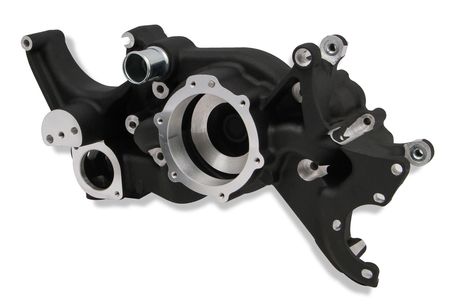 Holley Cooling Manifolds 97-167 Water Pump Housings, Holley, LS Manifold, Aluminum, Black, Steam Tube Inlet, 1/8 in.-NPT, for Mid-Mount Accessory Drive Only, Each