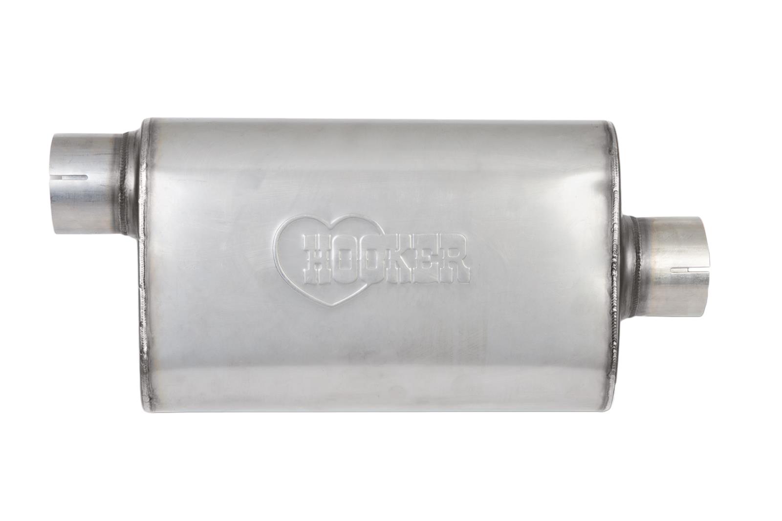 Hooker VR304 304 Stainless Steel 2.5 Inch Muffler 21642HKR Mufflers, VR304, Oval Case, Steel, Natural, One 2.50 in. Offset Inlet, One 2.500 in. Center Outlet, 20.000 in. Overall Length, Each