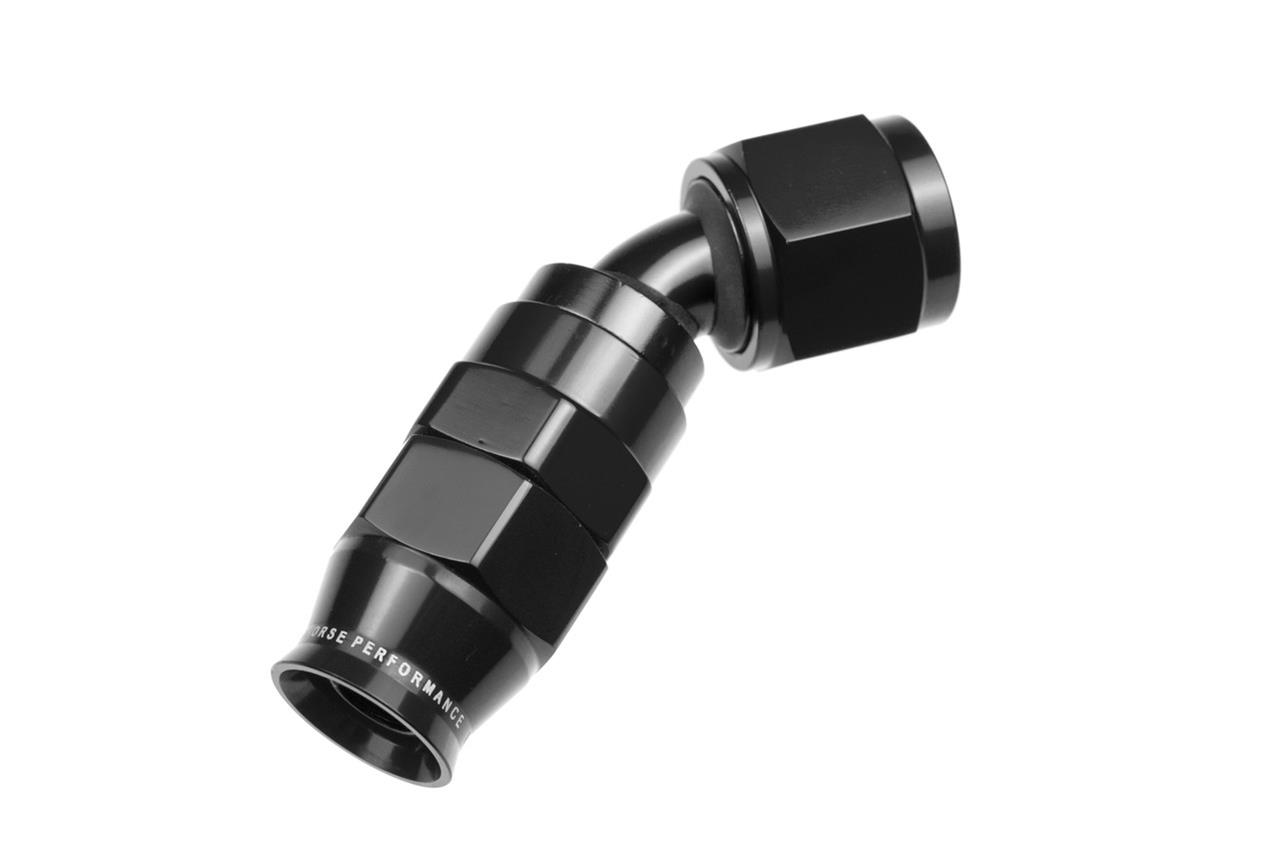Redhorse Performance 1200 Series Reuseable PTFE Hose Ends 1245-12-2 Ends, Series, Reuseable, PTFE, -12 AN Female Threads, Reusable Swivel, 45 Degree, -12 AN Hose, Aluminum, Black Anodized, Each