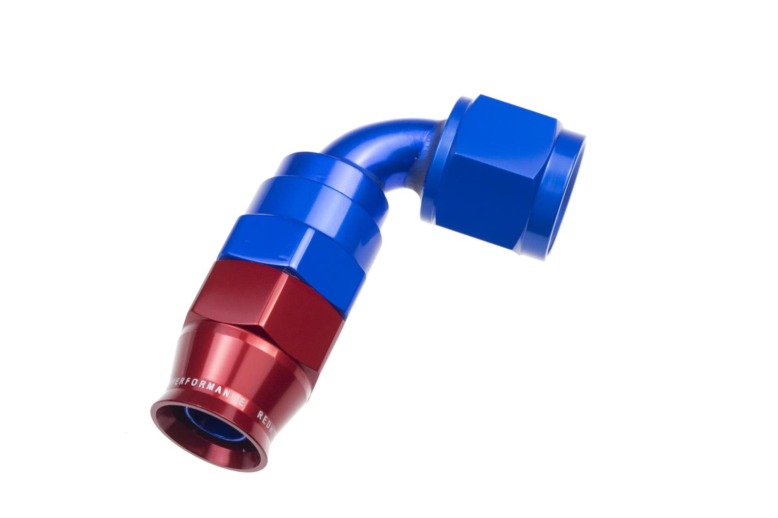 Redhorse Performance 1200 Series Reuseable PTFE Hose Ends 1290-10-1 Ends, Series, Reuseable, PTFE, -10 AN Female Threads, Reusable swivel, 90 degree, -10 AN Hose, Aluminum, Red/Blue Anodized, Each