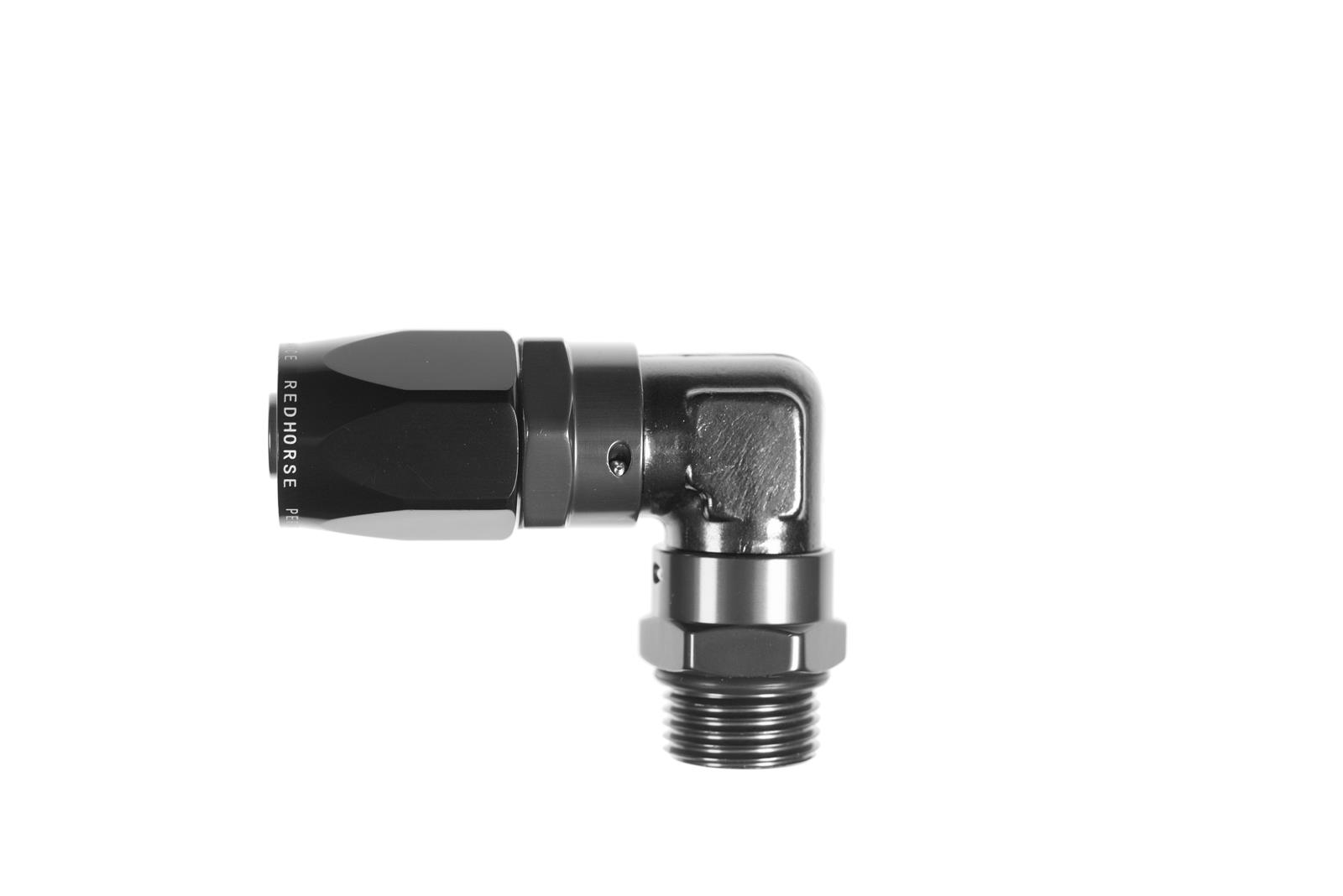 Redhorse Performance 1490 Series Low-Profile AN to ORB Hose Ends 1490-06-06-2 Ends, Series, Low Profile, ORB, -6 Male Threads, Reusable swivel, 90 degree, -6 O-ring Hose, Aluminum, Black Anodized, Each thumbnail 2
