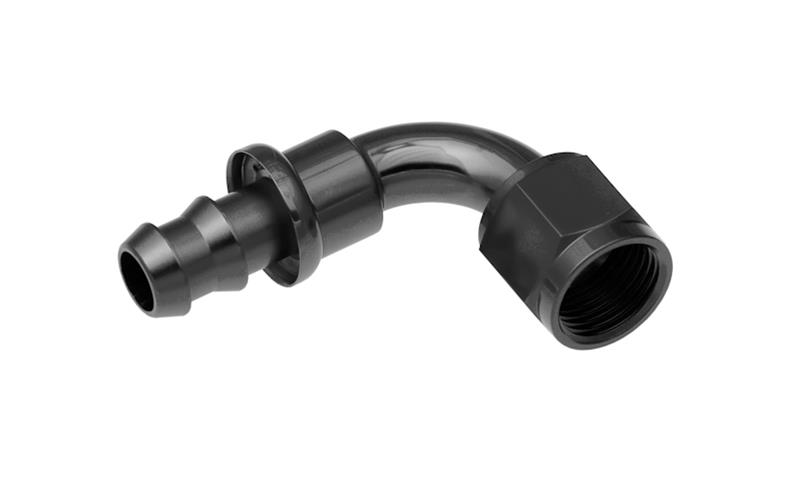 Redhorse Performance 2000 Series Push-Lock Hose Ends 2090-04-2 Ends, Series, Push Lock, -4 AN Female Threads, Socketless barb, 90 degree, -4 AN Hose, Aluminum, Black Anodized, Each