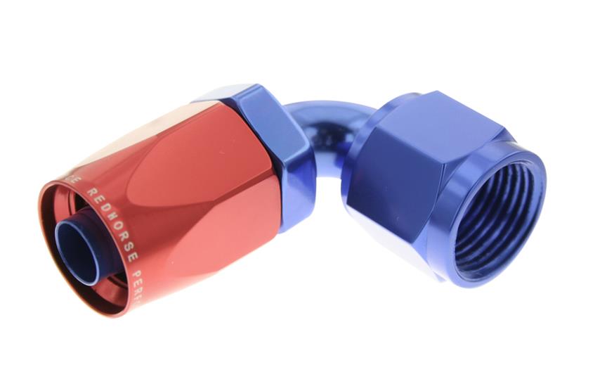 Redhorse Performance 6000 Series Non-Swivel Seal Hose Ends 6090-08-1 Ends, Series, Seal, -8 AN Female Threads, Reusable non-swivel, 90 degree, -8 AN Hose, Aluminum, Red/Blue Anodized, Each