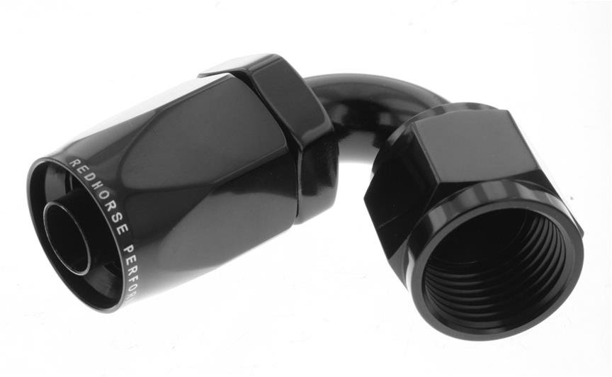 Redhorse Performance 6000 Series Non-Swivel Seal Hose Ends 6120-04-2 Ends, Series, Seal, -4 AN Female Threads, Reusable non-swivel, 120 degree, -4 AN Hose, Aluminum, Black Anodized, Each