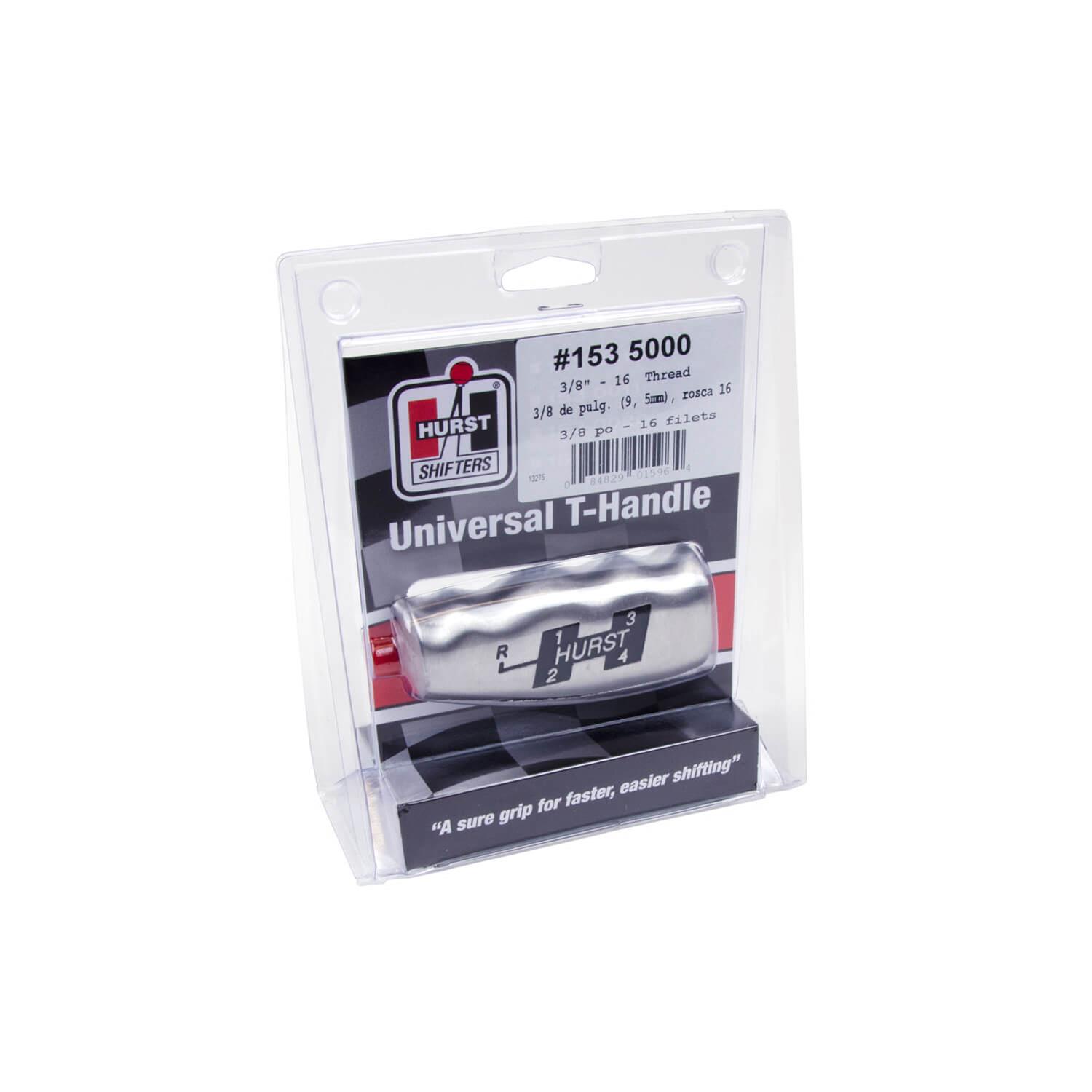 Hurst Shifter T-Handles 1535000 Shift Knob, T-Handle, Aluminum, Brushed, 4-Speed Pattern Upper Left Reverse Location with Logo, 3/8 in.-16 Thread, Manual Transmission, Each