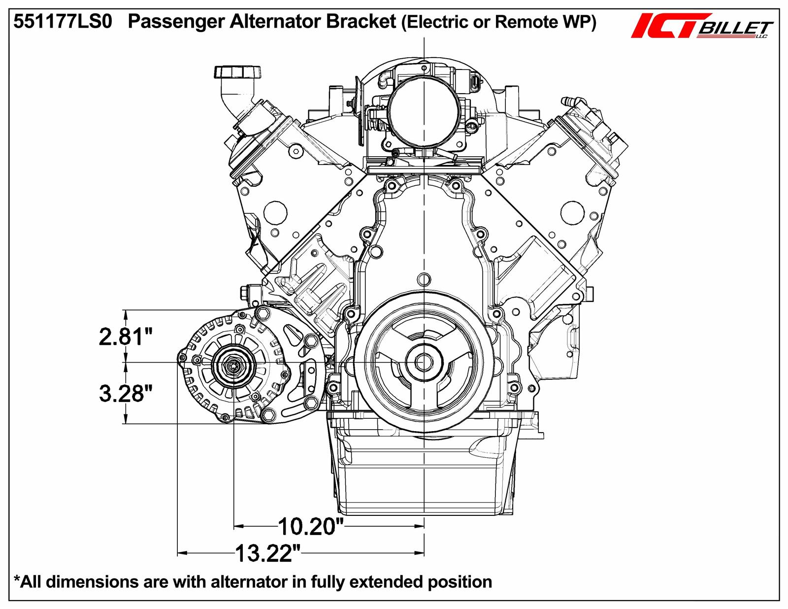 ICT Billet Alternator Brackets 551177LS0-3 Brackets, Lower Bracket Only, Right Side Lower Mount, Engine Block Front Mount, Aluminum, Natural, Serpentine, Chevrolet, LS, Kit