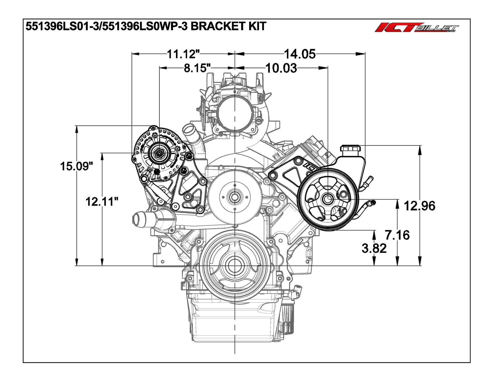 ICT Billet Alternator/Power Steering Bracket Kits 551396LS0-3 Accessory Brackets, Alternator Bracket, Power Pump Bracket, Aluminum, Natural, Chevy, LS, Kit