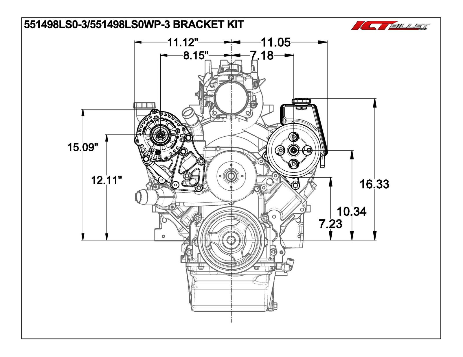 ICT Billet Alternator/Power Steering Bracket Kits 551498LS0-3 Alternator and Power Bracket, Aluminum, Turnbuckle Tensioner, LS3 Camaro and Truck Water Pumps, Kit