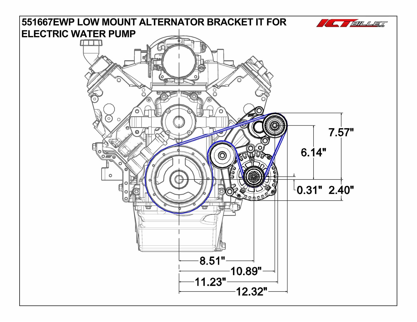 ICT Billet Alternator Brackets 551667EWP-2 Bracket, Driver Side, Aluminum, Natural, Chevrolet, LS Engine, Electric Pump, Kit