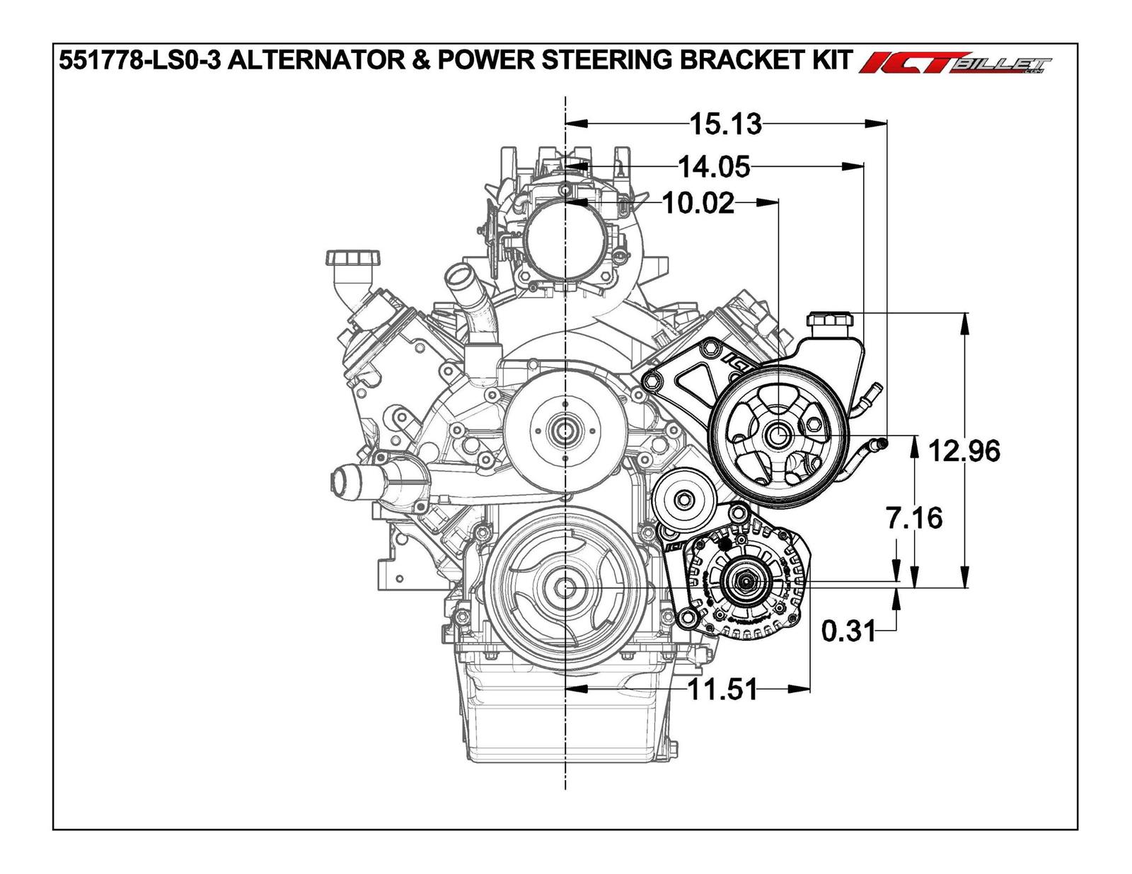 ICT Billet Alternator/Power Steering Bracket Kits 551778LS0-3 Power Brackets, Kits, Saginaw P, Left Side, Cylinder Head Mount, Aluminum, Serpentine, Chevrolet, LS, Kit thumbnail 2