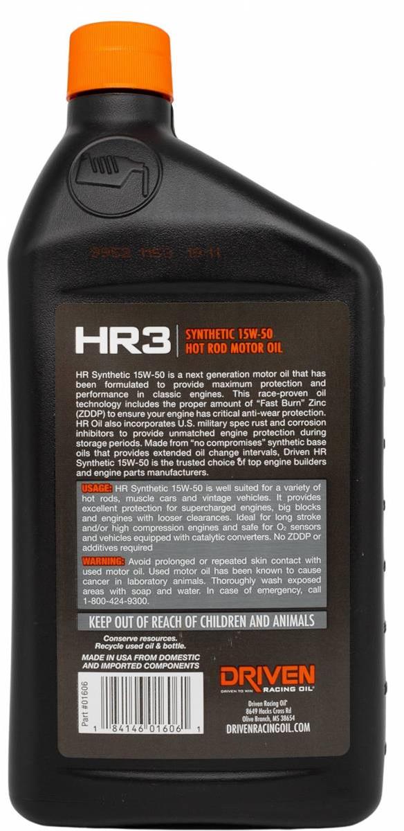 15w50 Driven Racing Oil HR3 Synthetic High Performance Motor 01606 Engine Oil, HR-3 Performance, Synthetic, 15W50, 1 qt., Each thumbnail 2