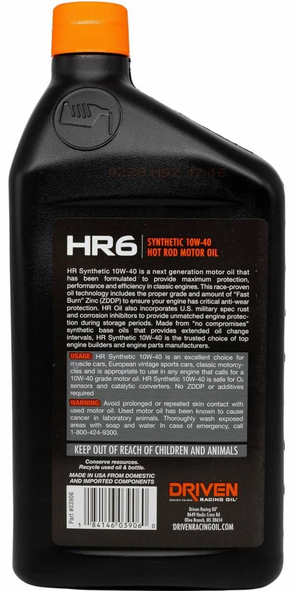 10w40 Driven Racing Oil HR6 Hot Rod Motor 03906 Engine Oil, HR-6, Rod, Synthetic, 10W40, 1 qt., Each thumbnail 2