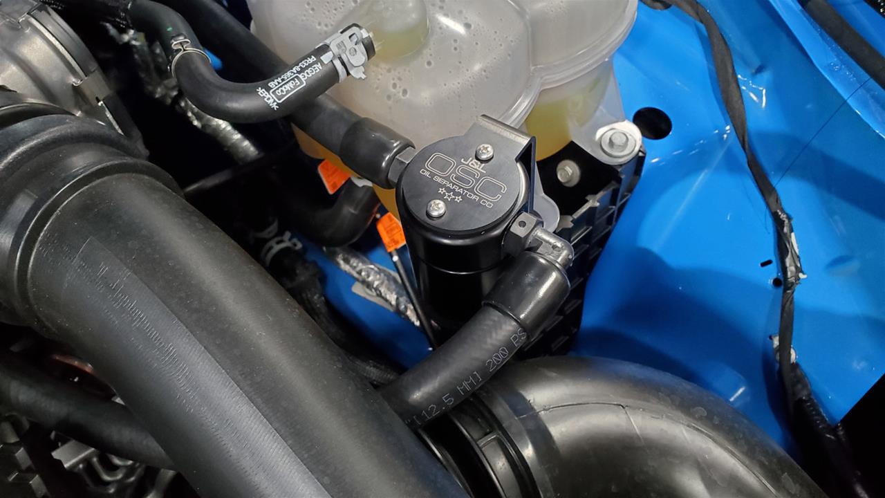 J&L Oil Separator Co. 3.0 Separators for 2024-2025 MUSTANG - 3095D-B Catch Can, Separator, Round, Billet Aluminum, Black Anodized, Driver Side, Ford, 2.3L, Kit thumbnail 2