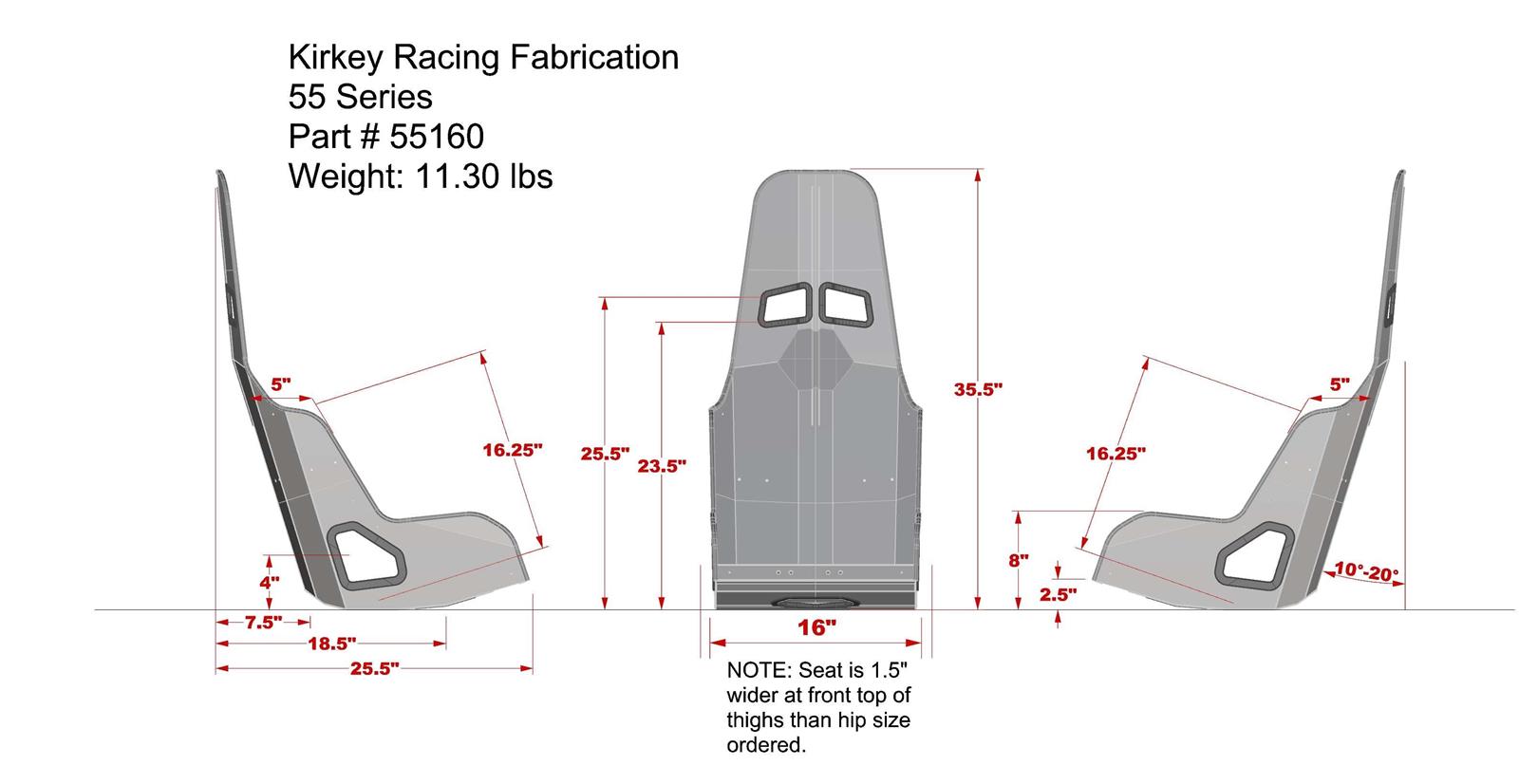 Kirkey 55 Series Aluminum Pro Street Drag Seats 55160 Seat, Drag, Highback Bucket, 18 degree Layback, Aluminum, Natural, 16.00 in. Width, Each