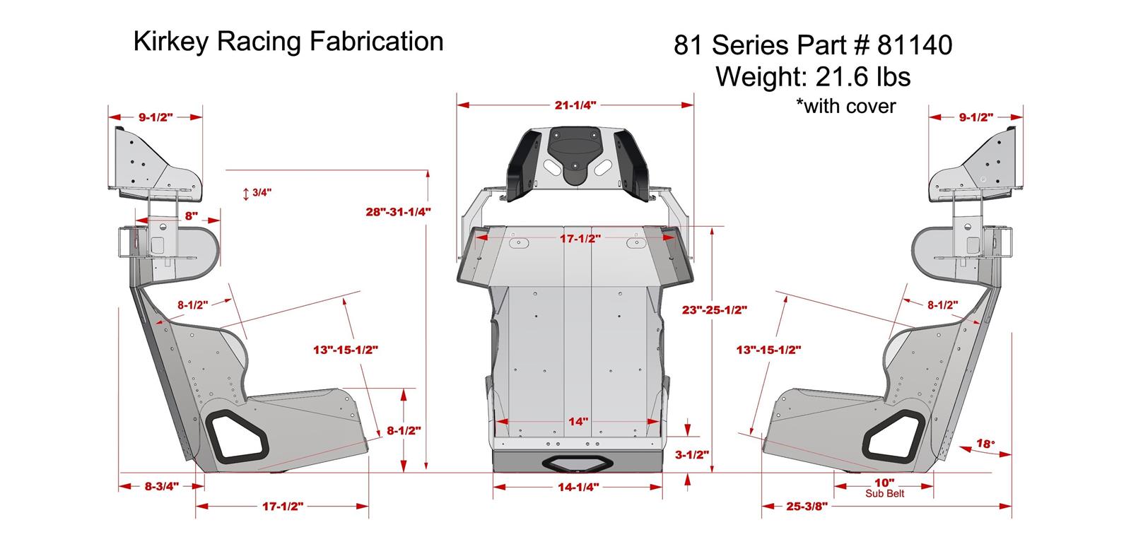 Kirkey 81 Series Aluminum Road Race Seat and Cover Kits 81140KIT Bucket Seats, Kits, 20 degree Layback, Black Tweed Cover, 31.250 in. Height, 14.00 in. Hip Width, Each