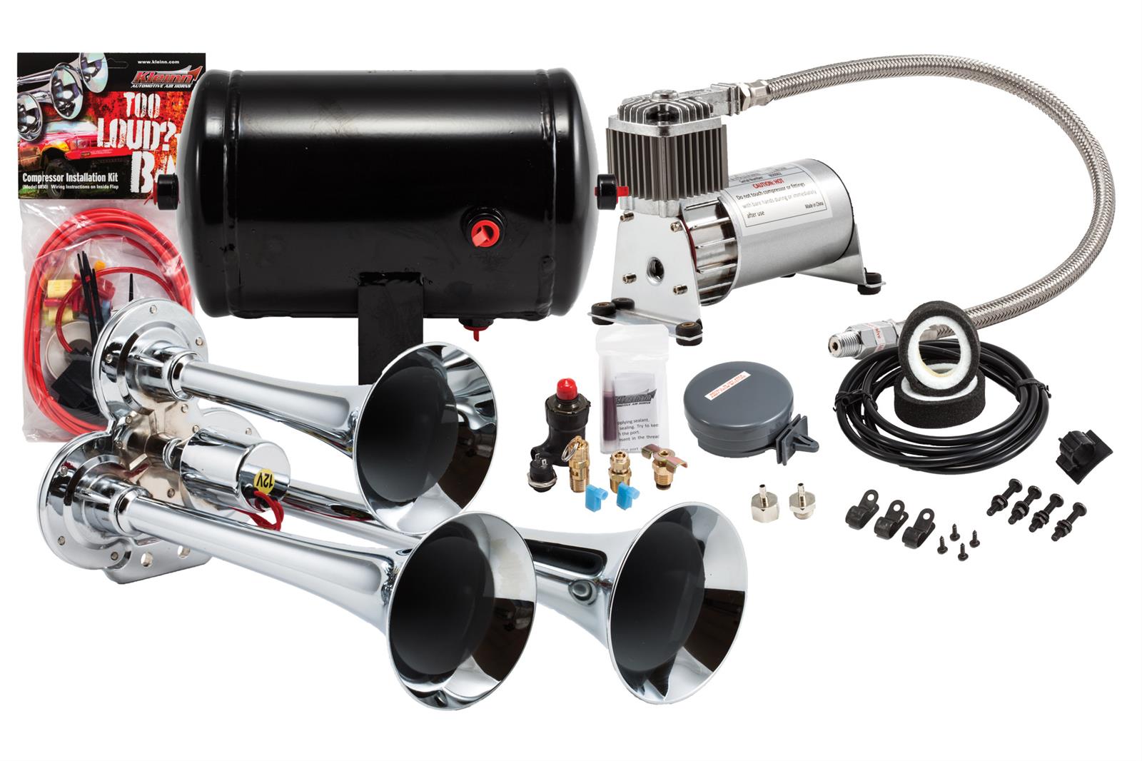 Kleinn Triple Chrome Horn Kit w/ 130 PSI Air Compressor / 1.0 gal Air Tank