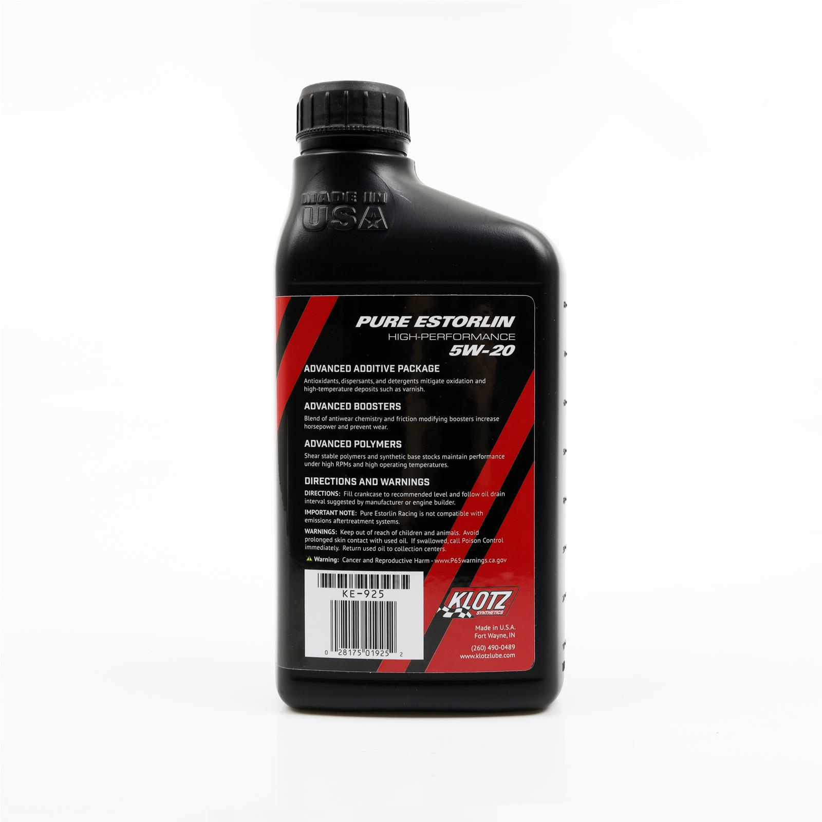 5w20 Klotz Synthetic Racing Estorlin Lubricant KE-925 Engine Oil, Estorlin, Synthetic, 5W20, 1 qt., Each