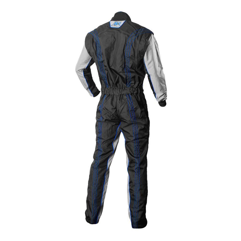K1 RaceGear GK2 Karting Suits 10-GK2-B-ML Driving Suits, Suits, One-piece, One Layer, Cotton/Polyester, Black/Gray with Blue Stripes, Men's Medium/Large, Each