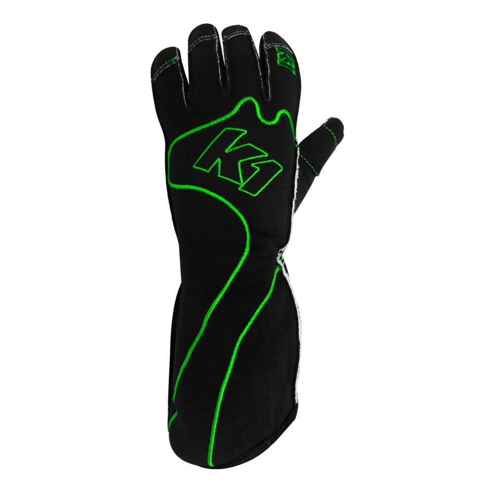 K1 RaceGear RS1 Karting Gloves 13-RS1-V-L Driving Gloves, Gloves, One Layer, Polyester/Leather, Black/Green, Large, Pair