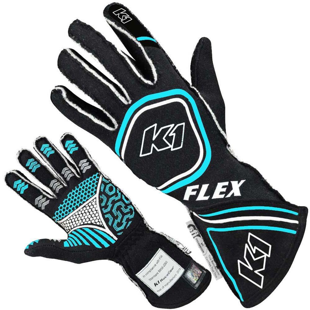 K1 RaceGear FLEX Gloves 23-FLX-NFB-L Driving Gloves, Gloves, Two Layers, Nomex®, Black/Blue Fluorescent, SFI 3.3/5, FIA 8856-2000, Large, Pair