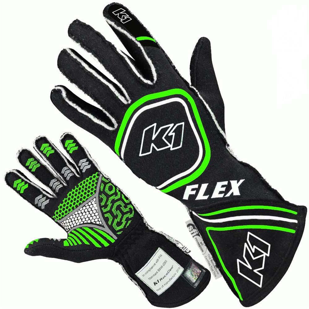 K1 RaceGear FLEX Gloves 23-FLX-NFV-S Driving Gloves, Gloves, Two Layers, Nomex®, Black/Green Fluorescent, SFI 3.3/5, FIA 8856-2000, Small, Pair