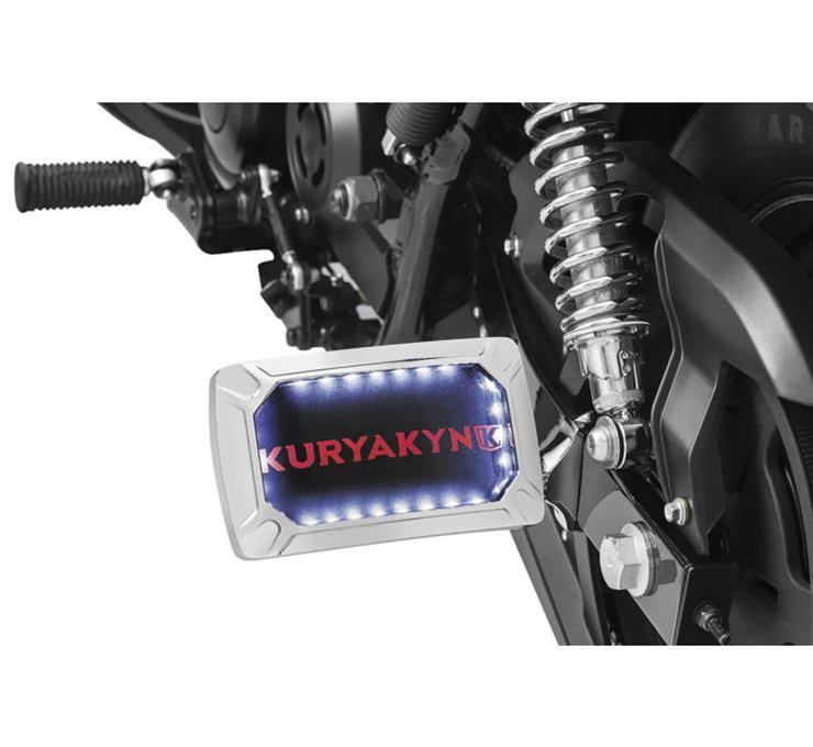 Kuryakyn Nova Curved Side-Mount License Plate Holders 3192 Mounting Bracket, Horizontal Mount, Aluminum, Chrome Plated, LED lighted, Universal, Each