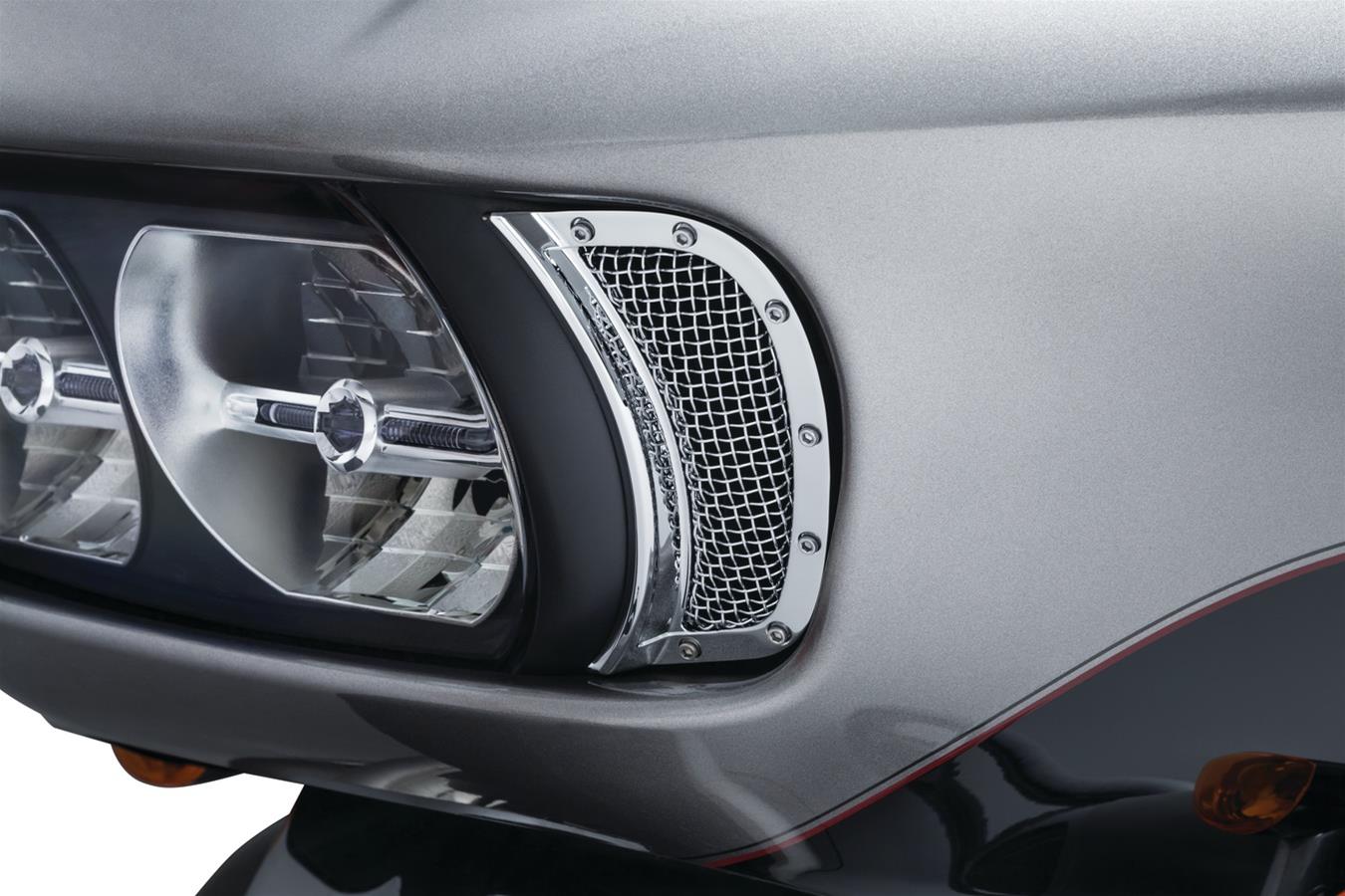 Kuryakyn Mesh Headlight Vent Accents 6518 Accent Vents, Aluminum/Steel, Chrome, Adhesive Backed, Harley-Davidson®, Pair